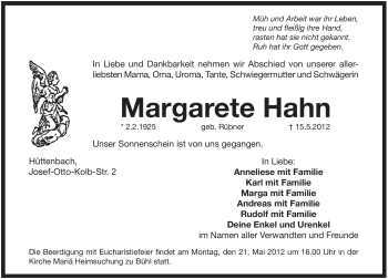 Traueranzeige von Margarete Hahn von Pegnitz-Zeitung